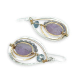 Teardrop-shaped sterling silver and brass earrings with amethyst, labradorite, and crystal gemstones 