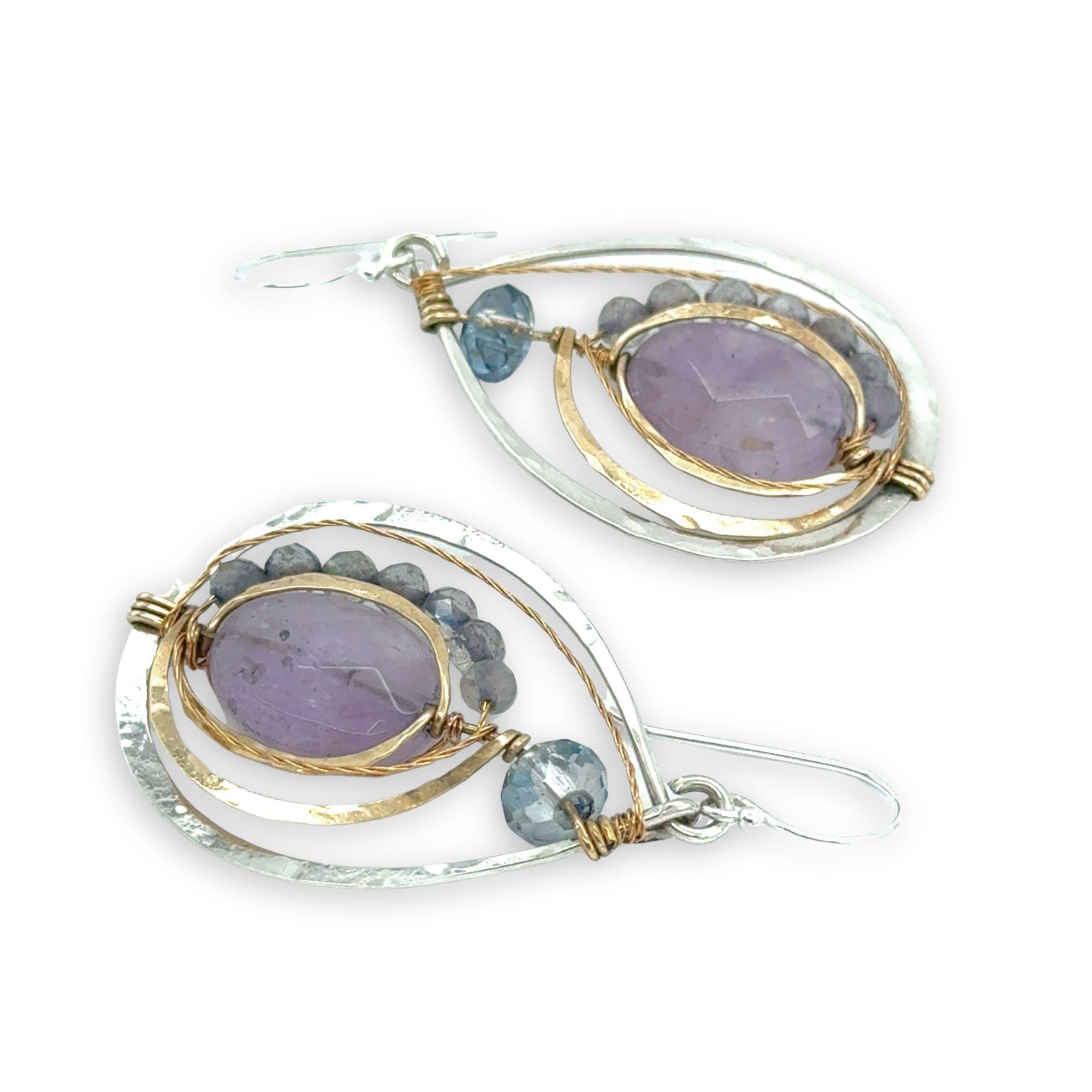Teardrop-shaped sterling silver and brass earrings with amethyst, labradorite, and crystal gemstones 