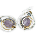Teardrop-shaped sterling silver and brass earrings with amethyst, labradorite, and crystal gemstones 