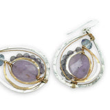 Teardrop-shaped sterling silver and brass earrings with amethyst, labradorite, and crystal gemstones 