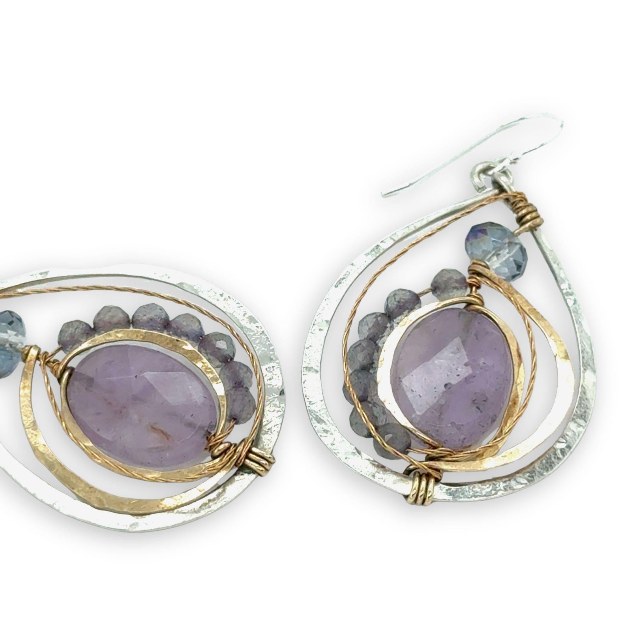 Teardrop-shaped sterling silver and brass earrings with amethyst, labradorite, and crystal gemstones 