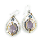 Teardrop-shaped sterling silver and brass earrings with amethyst, labradorite, and crystal gemstones 