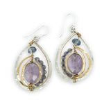 Teardrop-shaped sterling silver and brass earrings with amethyst, labradorite, and crystal gemstones 