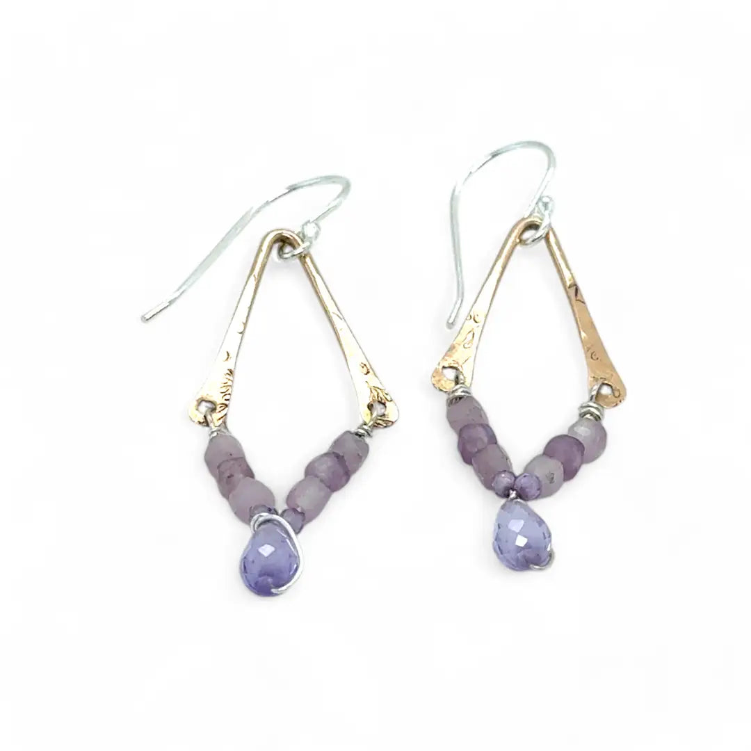 handmade hammered bronze arch mini earrings with purple amethyst cubes and lilac cubic zirconia drops