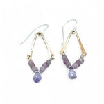 handmade hammered bronze arch mini earrings with purple amethyst cubes and lilac cubic zirconia drops