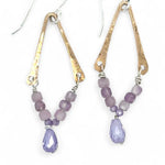 handmade hammered bronze arch mini earrings with purple amethyst cubes and lilac cubic zirconia drops