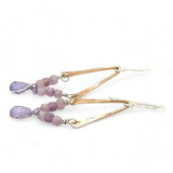 handmade hammered bronze arch mini earrings with purple amethyst cubes and lilac cubic zirconia drops