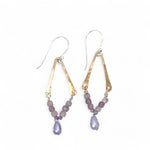 handmade hammered bronze arch mini earrings with purple amethyst cubes and lilac cubic zirconia drops