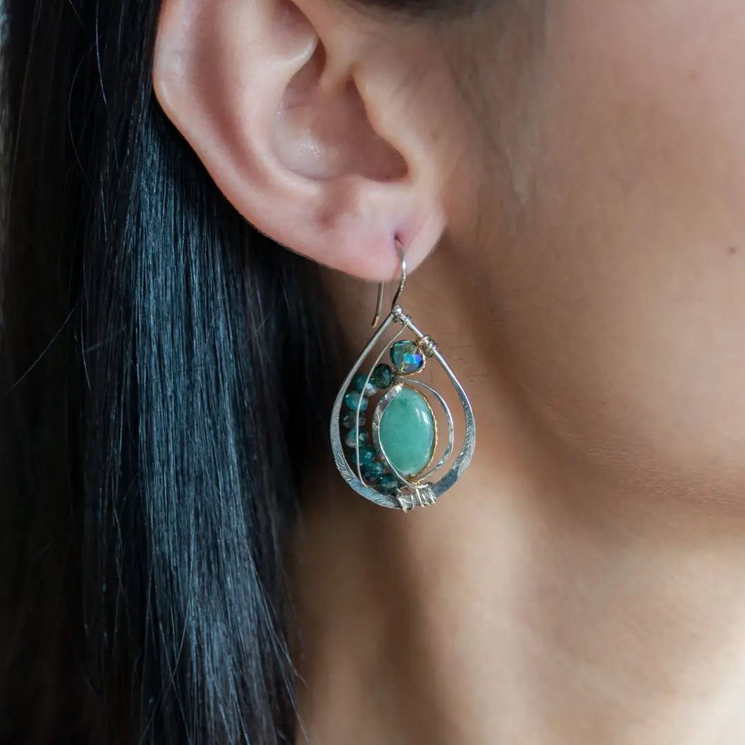Leaf stamped sterling silver drop earrings with amazonite and blue tourmaline gemstones and crystal accent with brass twist wire