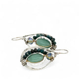 Leaf stamped sterling silver drop earrings with amazonite and blue tourmaline gemstones and crystal accent with brass twist wire