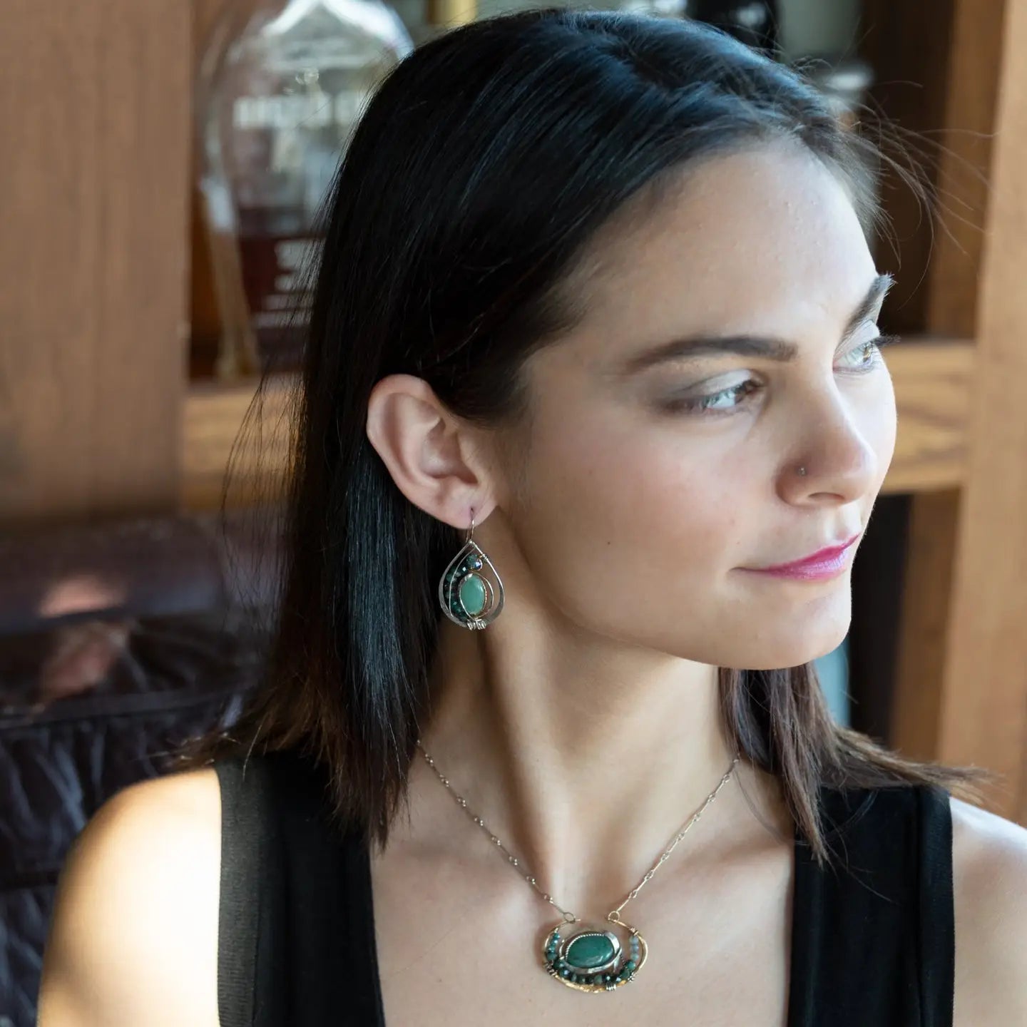 Leaf stamped sterling silver drop earrings with amazonite and blue tourmaline gemstones and crystal accent with brass twist wire