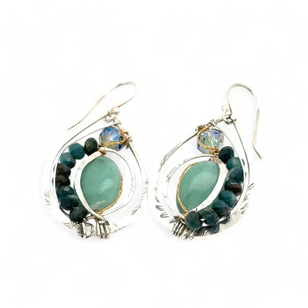 Leaf stamped sterling silver drop earrings with amazonite and blue tourmaline gemstones and crystal accent with brass twist wire