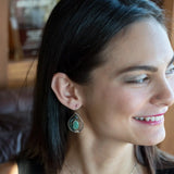 Leaf stamped sterling silver drop earrings with amazonite and blue tourmaline gemstones and crystal accent with brass twist wire