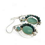 Leaf stamped sterling silver drop earrings with amazonite and blue tourmaline gemstones and crystal accent with brass twist wire