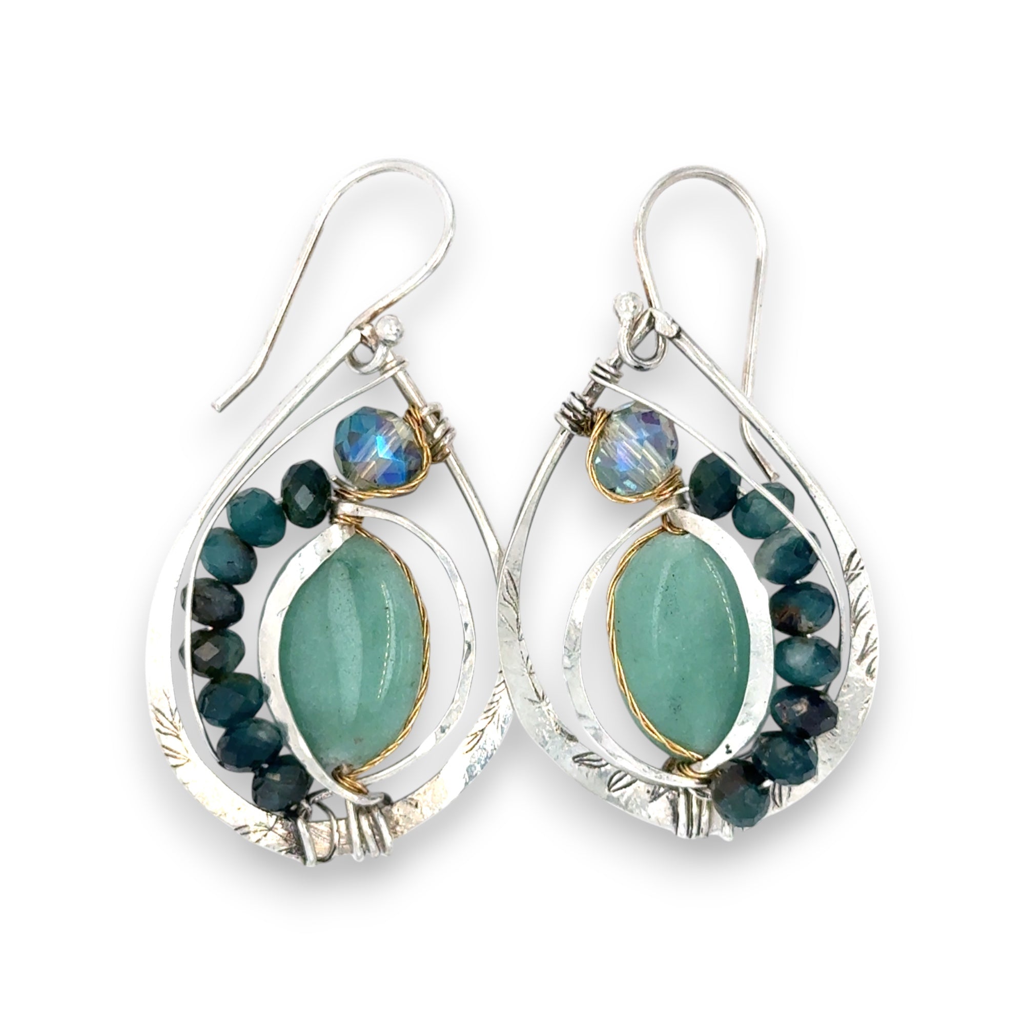 Leaf stamped sterling silver drop earrings with amazonite and blue tourmaline gemstones and crystal accent with brass twist wire