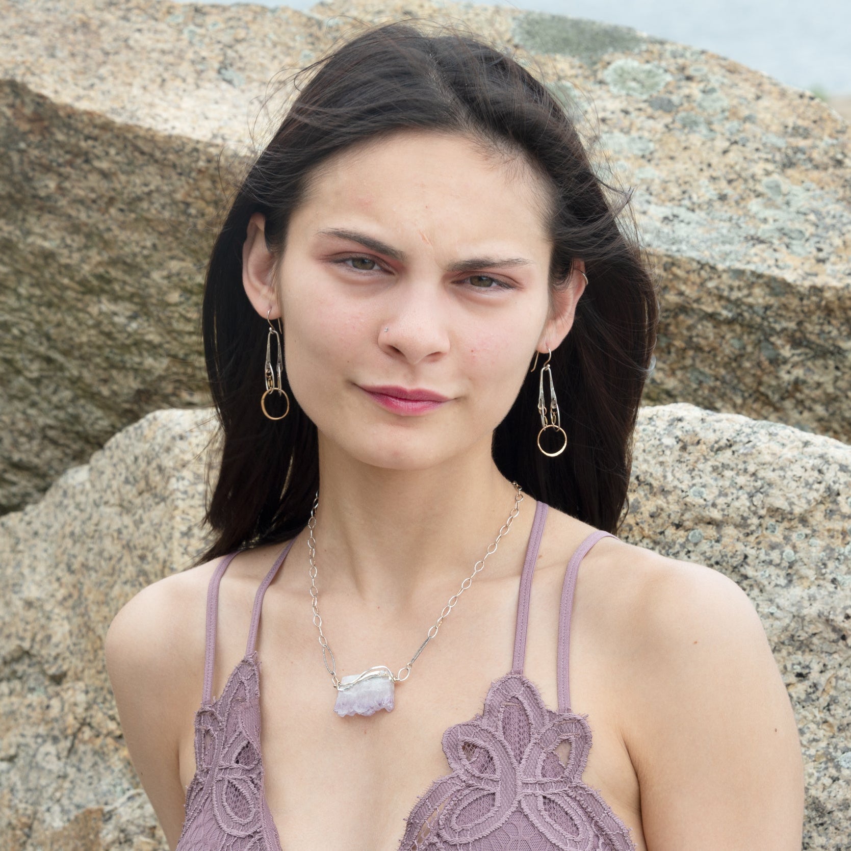 Raw edge amethyst slab held in waves of sterling silver and gold fill wires with a moonstone accent on delicate sterling silver chain with oxidized sparkly diamond cut link necklace