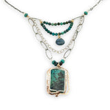 Turquoise rectangle wrapped in layers of hammered bronze and sterling silver wire pendant with another layer with chrysocolla and labradorite drop gemstones on oxidized sterling silver links and chain