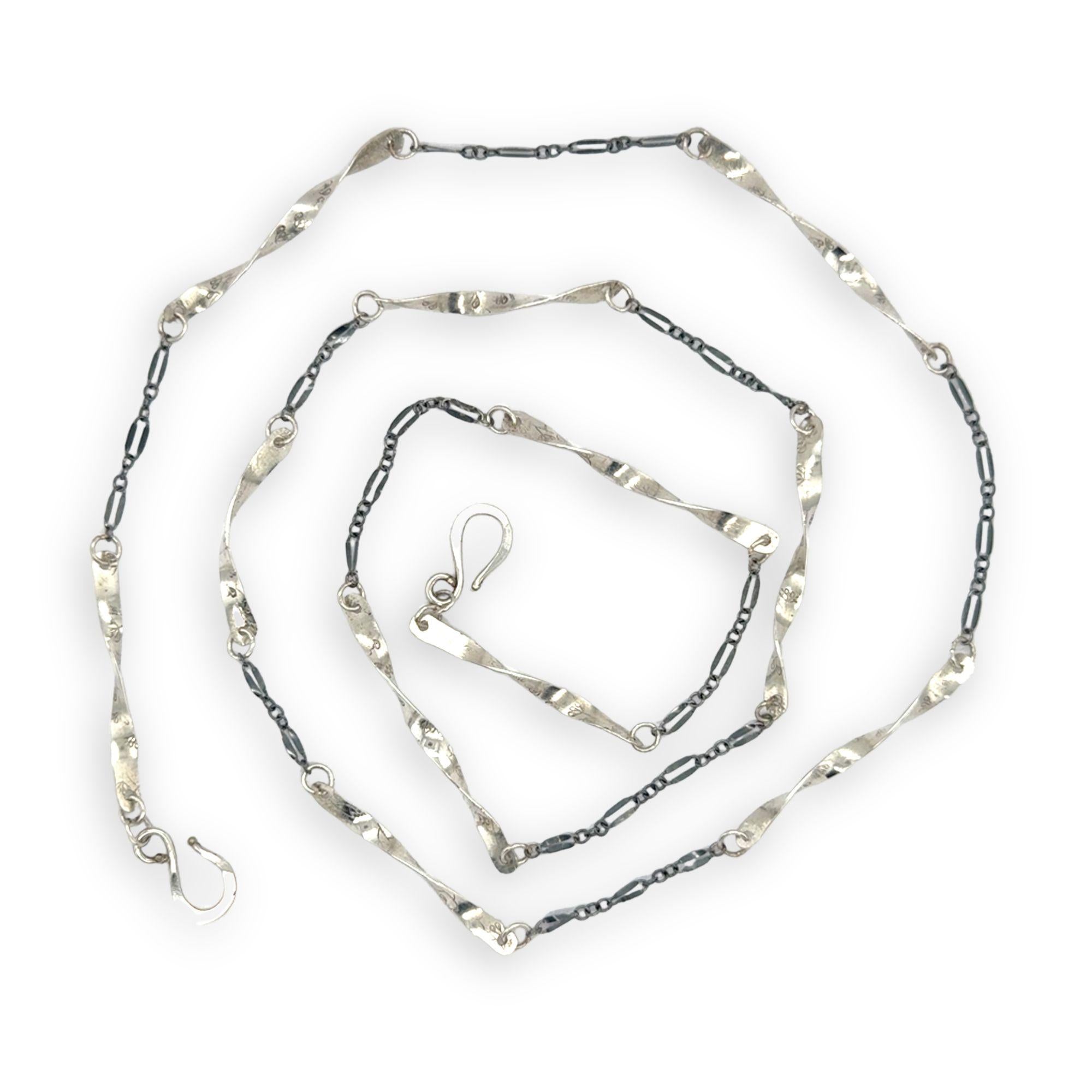 Handmade hammered an twisted sterling silver bars interspersed between oxidized sterling silver chain long necklace
