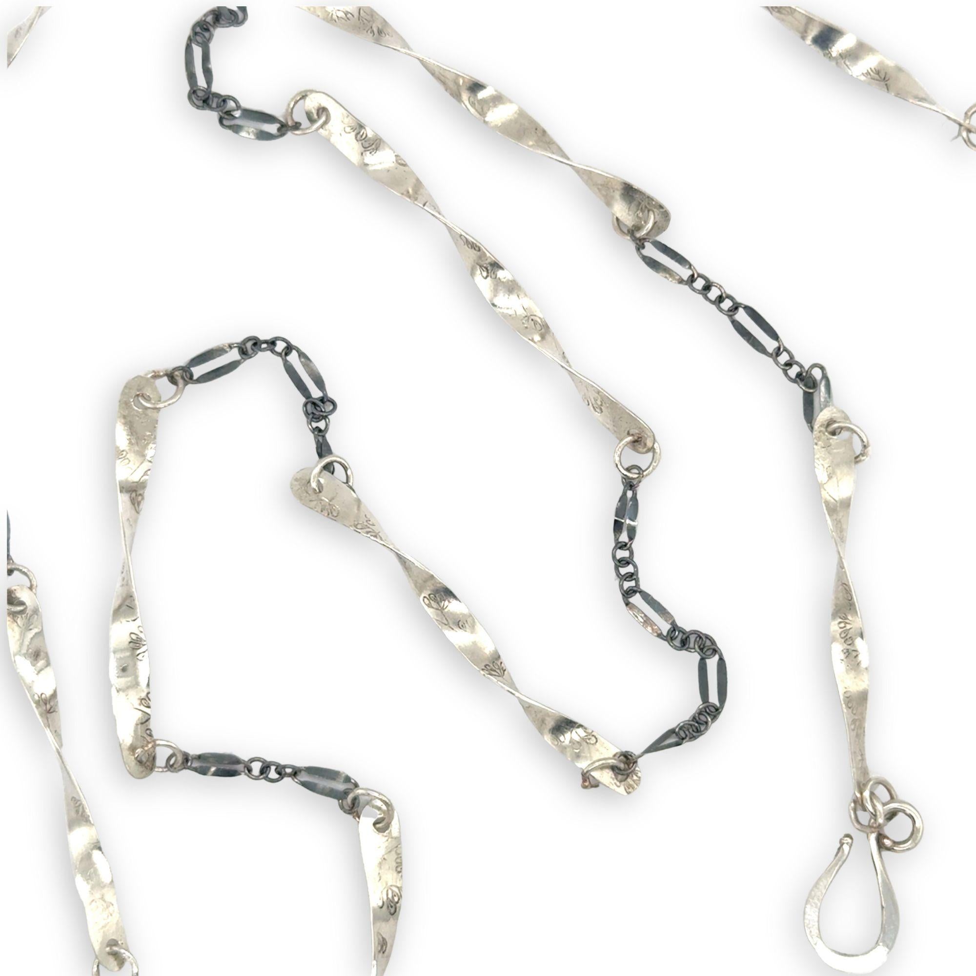 Handmade hammered an twisted sterling silver bars interspersed between oxidized sterling silver chain long necklace
