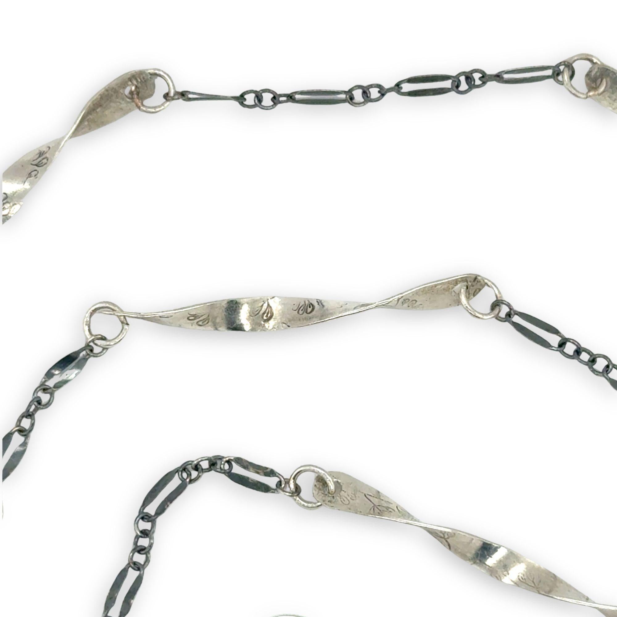 Handmade hammered an twisted sterling silver bars interspersed between oxidized sterling silver chain long necklace