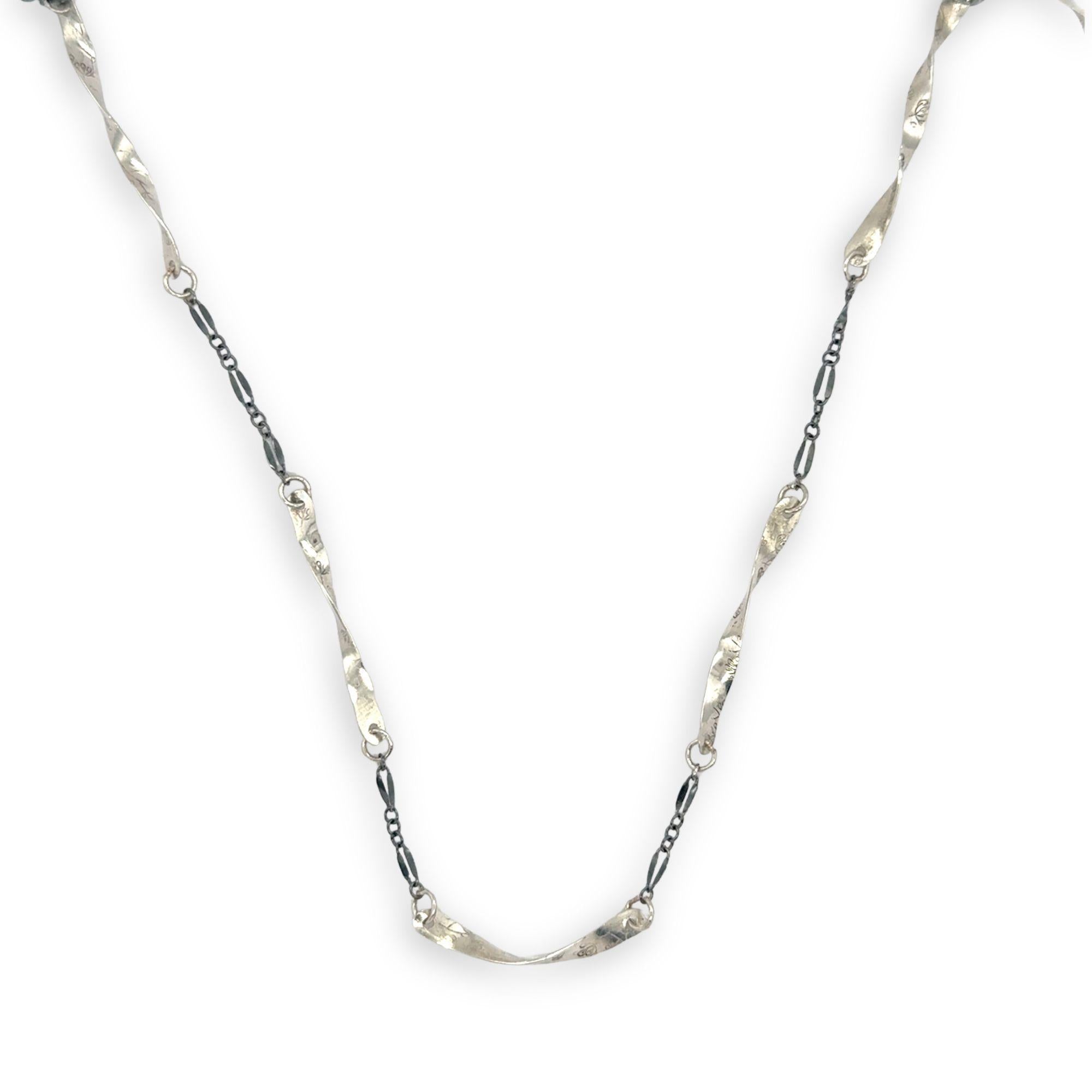 Handmade hammered an twisted sterling silver bars interspersed between oxidized sterling silver chain long necklace