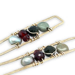 skinny long brass hammered rectangle earrings with jasper, olive crystal, garnet, and silver fresh water pearl stacked in gold filled wire
