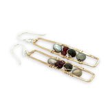 skinny long brass hammered rectangle earrings with jasper, olive crystal, garnet, and silver fresh water pearl stacked in gold filled wire