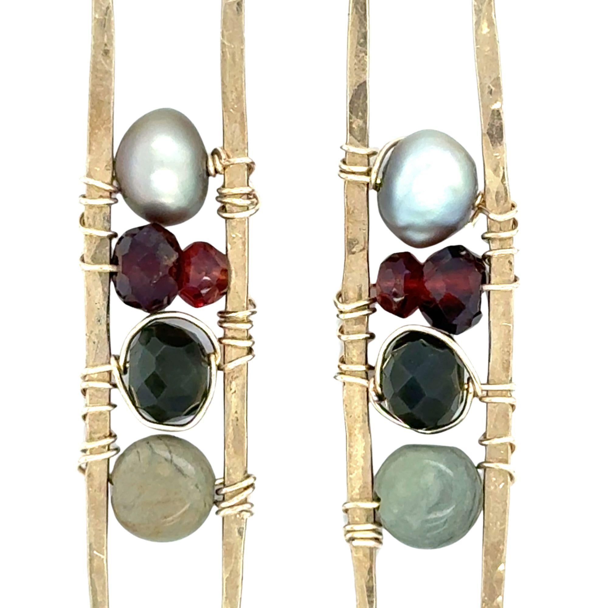skinny long brass hammered rectangle earrings with jasper, olive crystal, garnet, and silver fresh water pearl stacked in gold filled wire