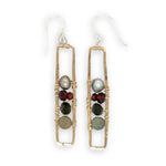 skinny long brass hammered rectangle earrings with jasper, olive crystal, garnet, and silver fresh water pearl stacked in gold filled wire