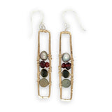 skinny long brass hammered rectangle earrings with jasper, olive crystal, garnet, and silver fresh water pearl stacked in gold filled wire