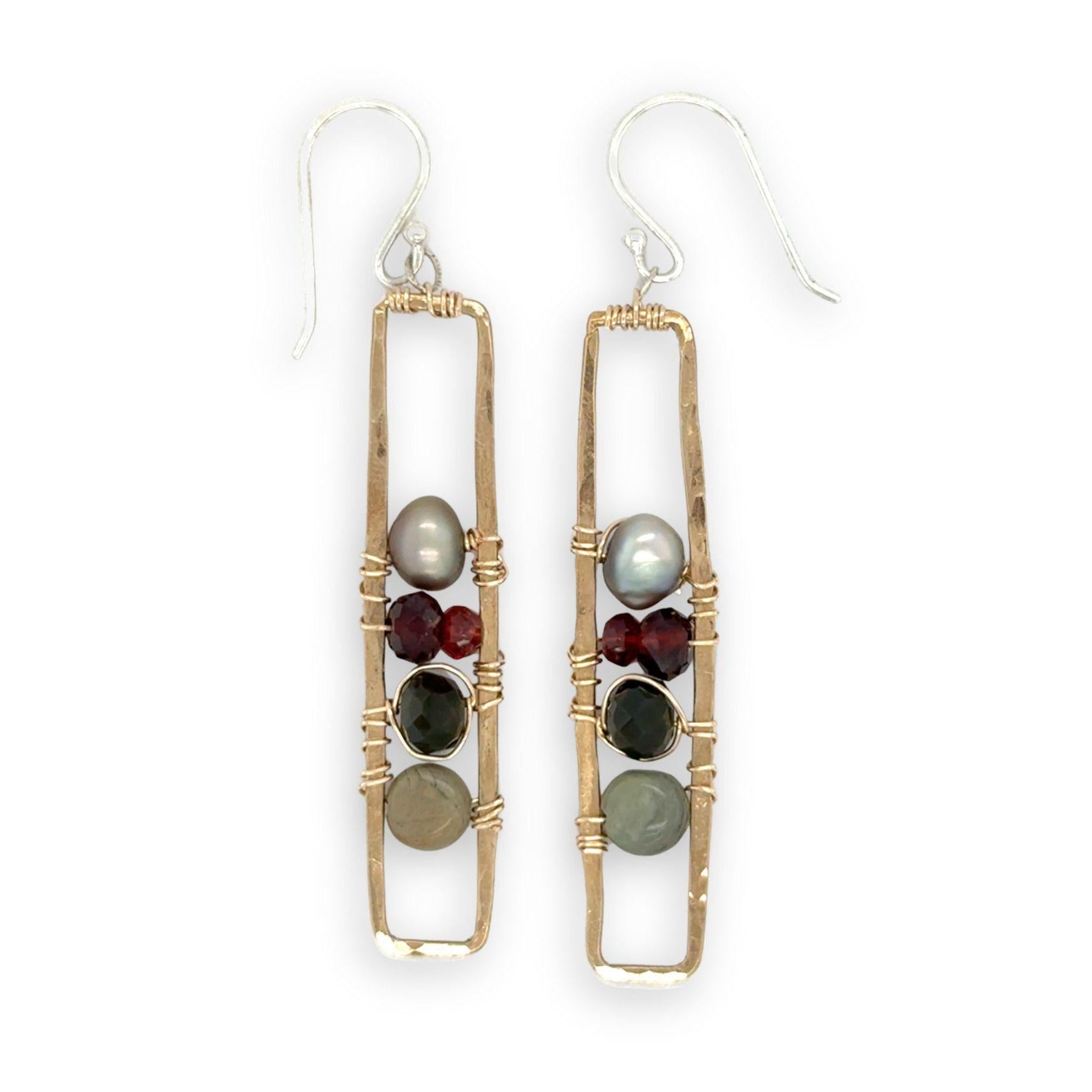 skinny long brass hammered rectangle earrings with jasper, olive crystal, garnet, and silver fresh water pearl stacked in gold filled wire