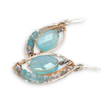 Handmade sterling silver mini marquise earrings with bronze hammered arch holding blue quartz ovals accented with moonstones, labradorite, and apatite gemstones