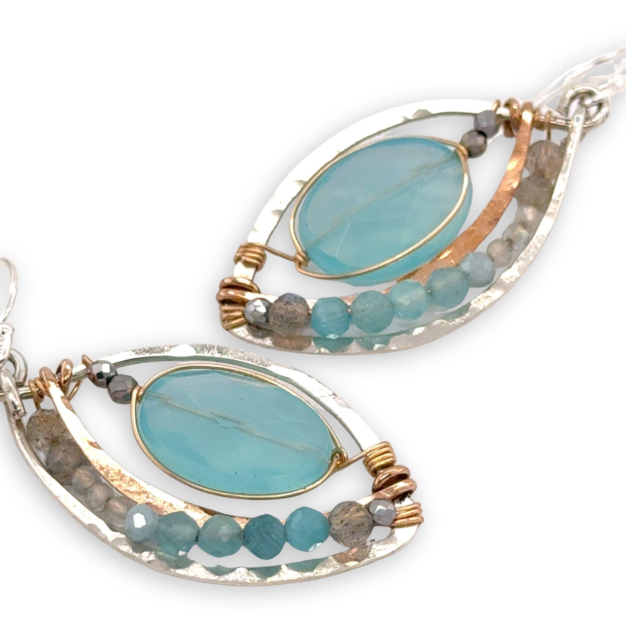 Handmade sterling silver mini marquise earrings with bronze hammered arch holding blue quartz ovals accented with moonstones, labradorite, and apatite gemstones