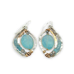 Handmade sterling silver mini marquise earrings with bronze hammered arch holding blue quartz ovals accented with moonstones, labradorite, and apatite gemstones