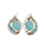 Handmade sterling silver mini marquise earrings with bronze hammered arch holding blue quartz ovals accented with moonstones, labradorite, and apatite gemstones