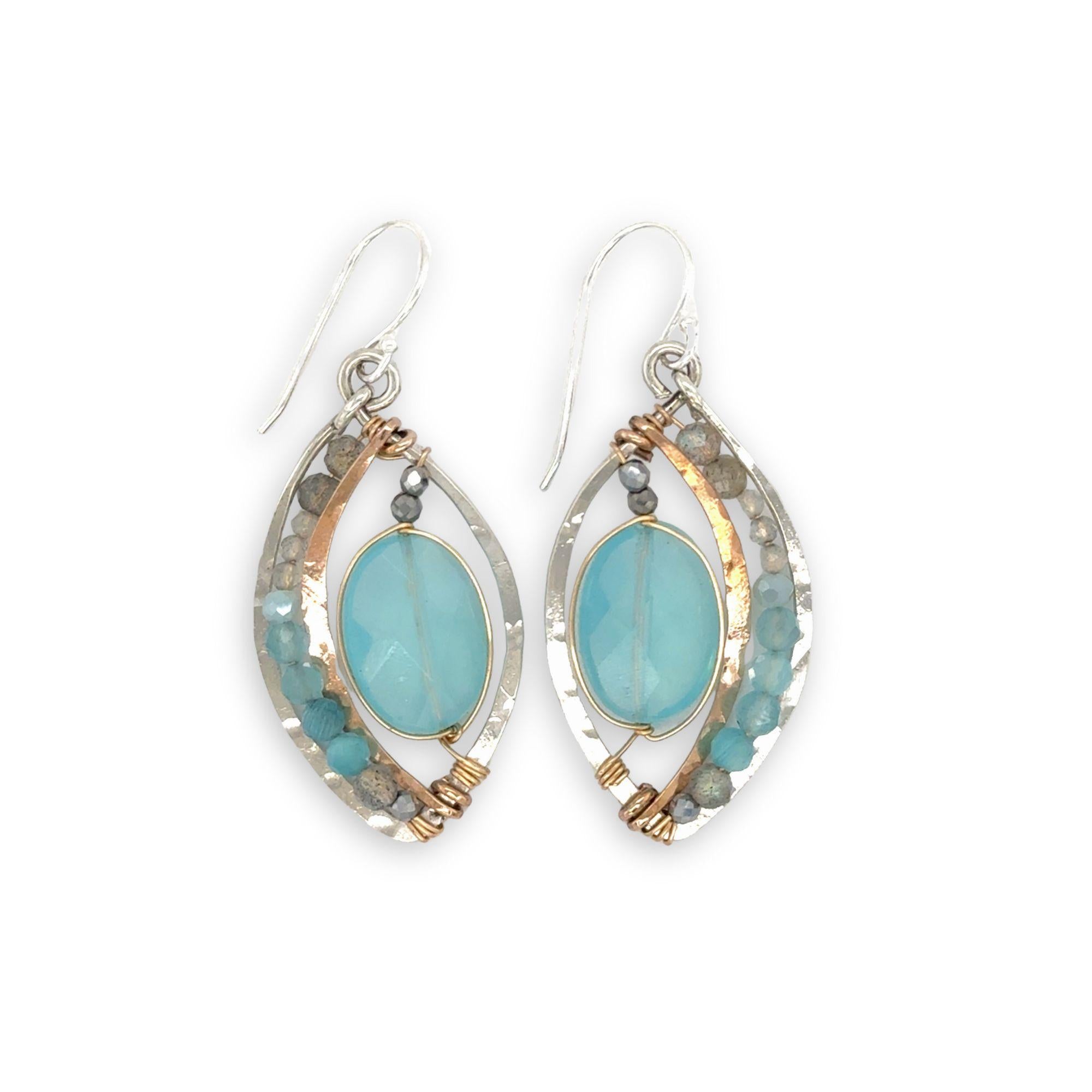 Handmade sterling silver mini marquise earrings with bronze hammered arch holding blue quartz ovals accented with moonstones, labradorite, and apatite gemstones