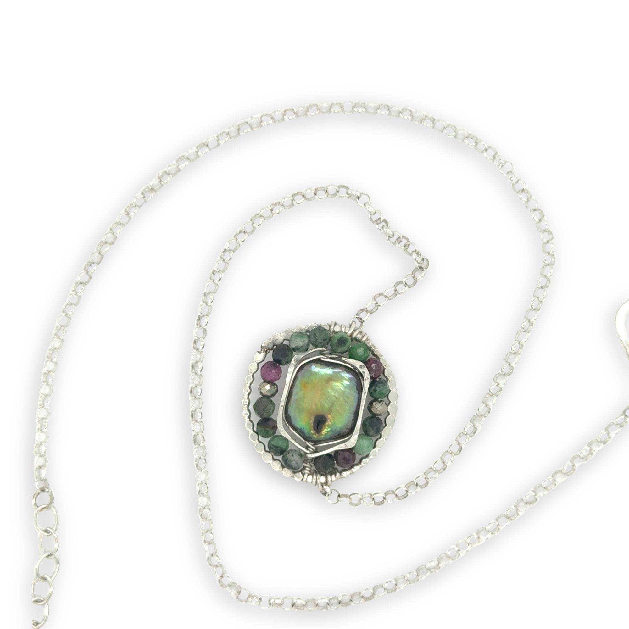 sterling silver hammered dot wire pendant with green fresh water pearl tile surrounded by ruby zoisite and pyrite gemstones necklace