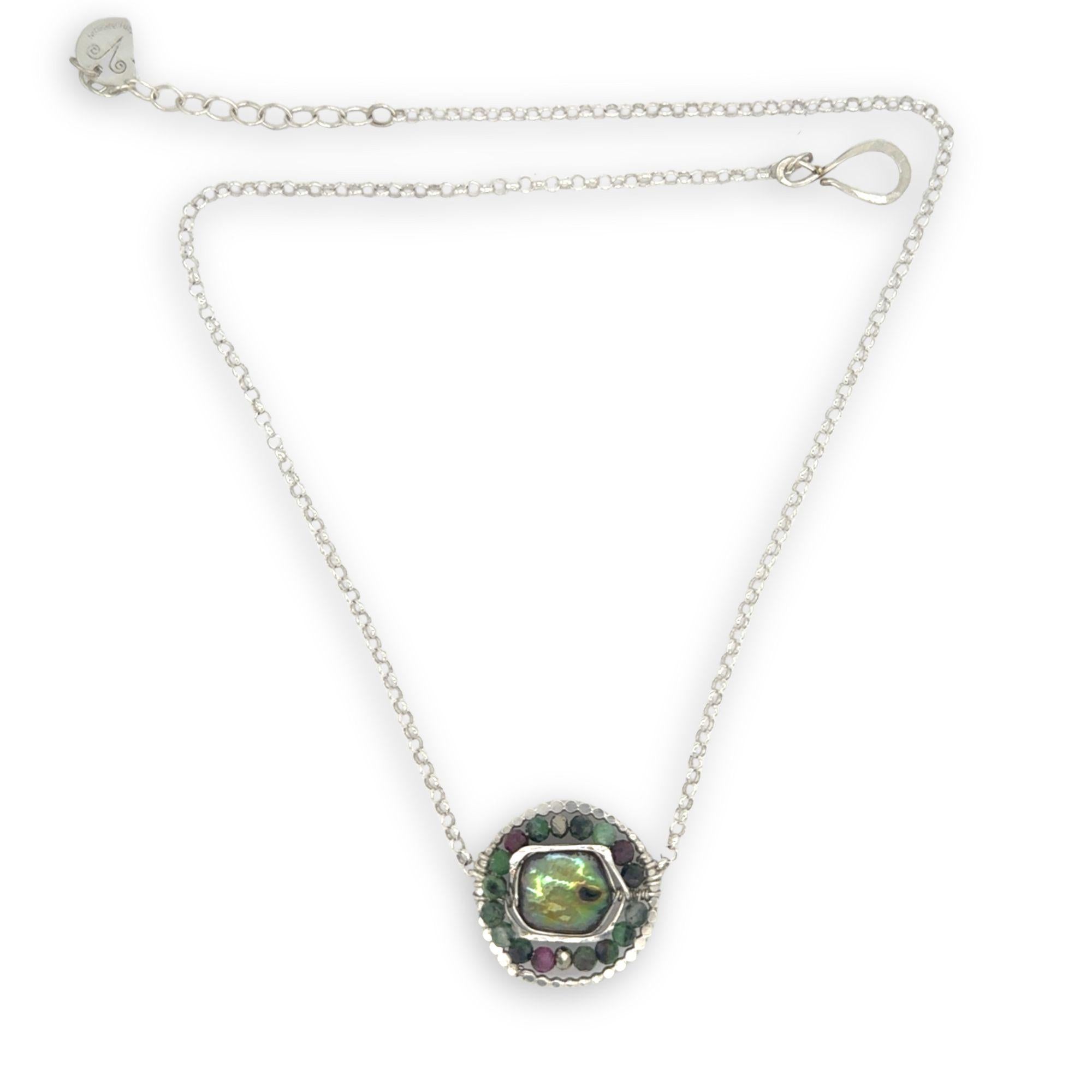 sterling silver hammered dot wire pendant with green fresh water pearl tile surrounded by ruby zoisite and pyrite gemstones necklace