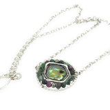 sterling silver hammered dot wire pendant with green fresh water pearl tile surrounded by ruby zoisite and pyrite gemstones necklace