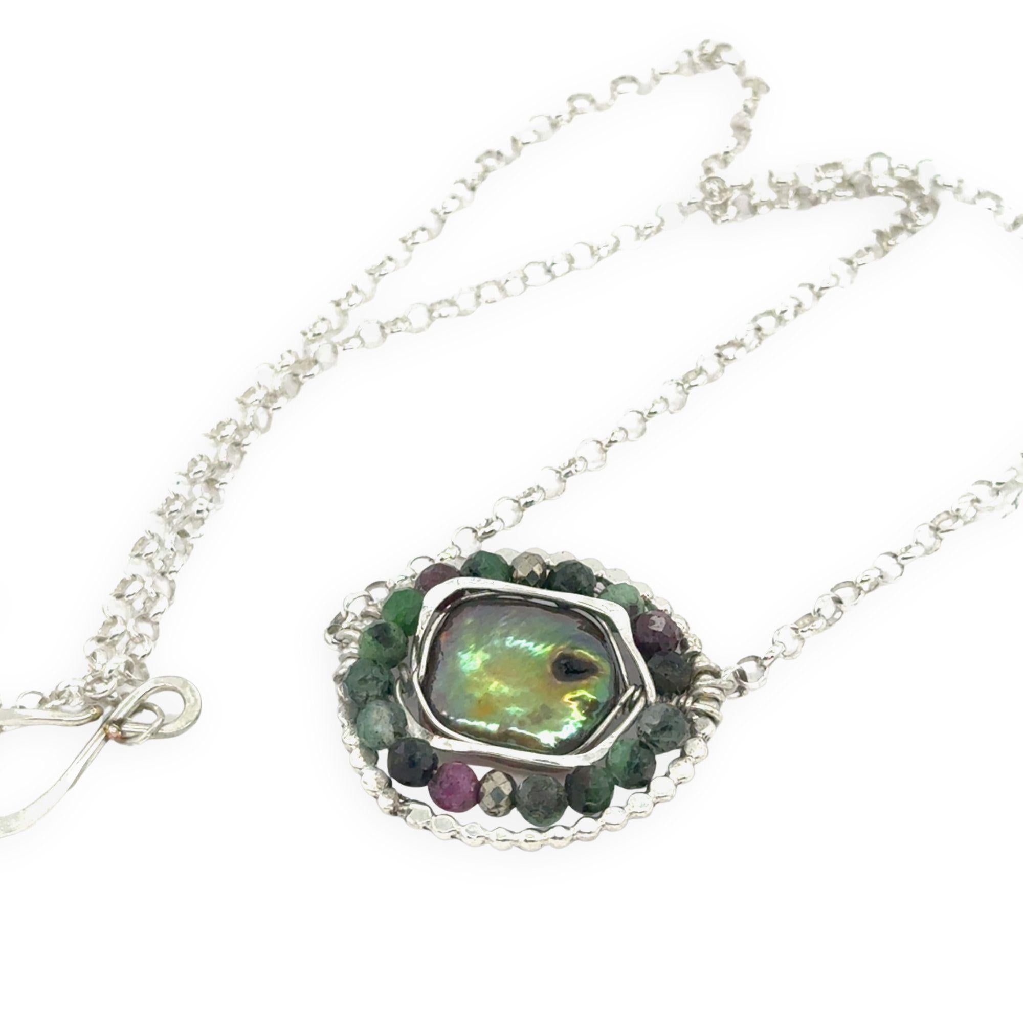 sterling silver hammered dot wire pendant with green fresh water pearl tile surrounded by ruby zoisite and pyrite gemstones necklace