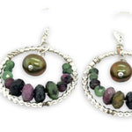 sterling silver dot wire rings lined with ruby zoisite gemstones with an olive fresh water pearl dangle mini earrings