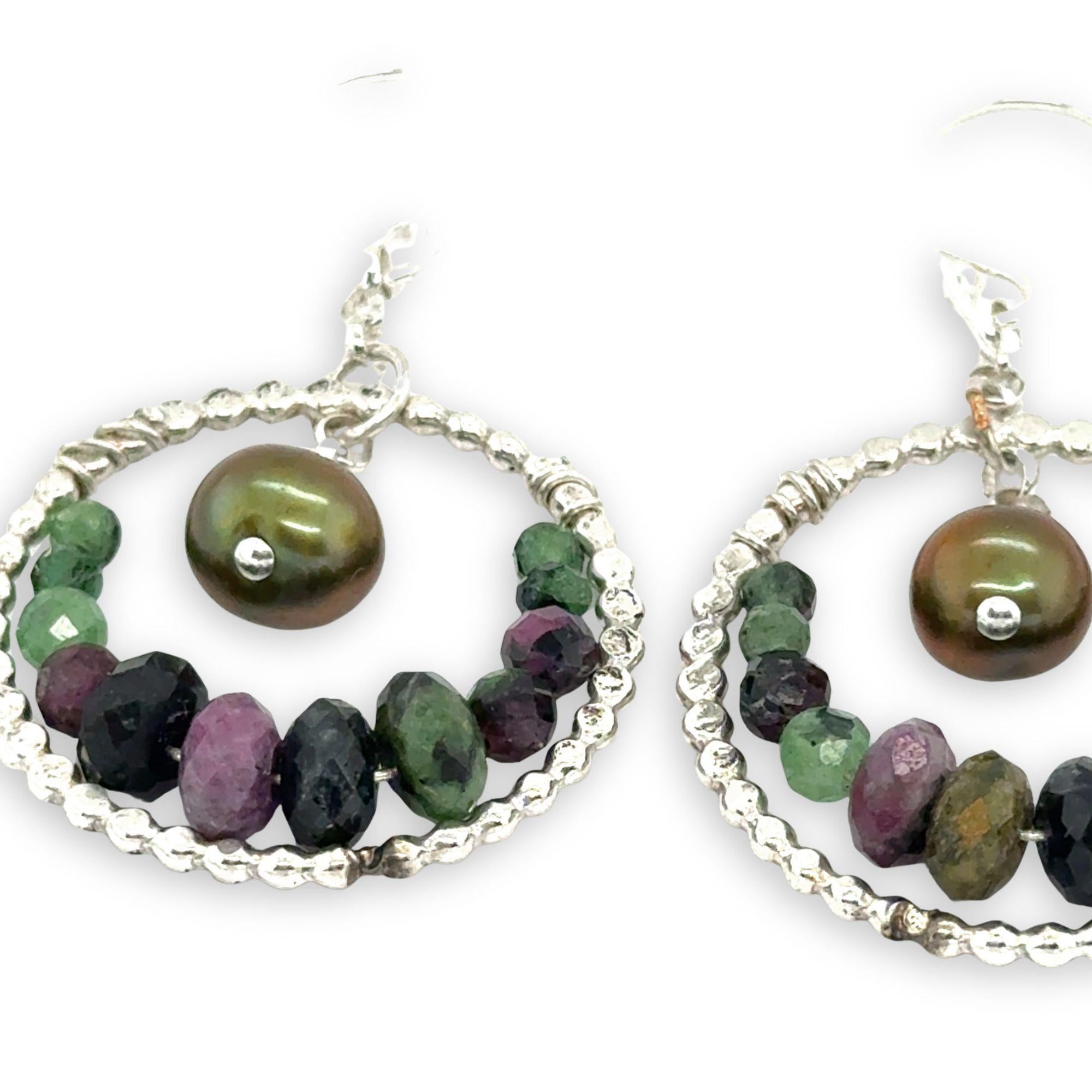 sterling silver dot wire rings lined with ruby zoisite gemstones with an olive fresh water pearl dangle mini earrings