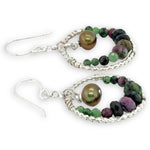 sterling silver dot wire rings lined with ruby zoisite gemstones with an olive fresh water pearl dangle mini earrings
