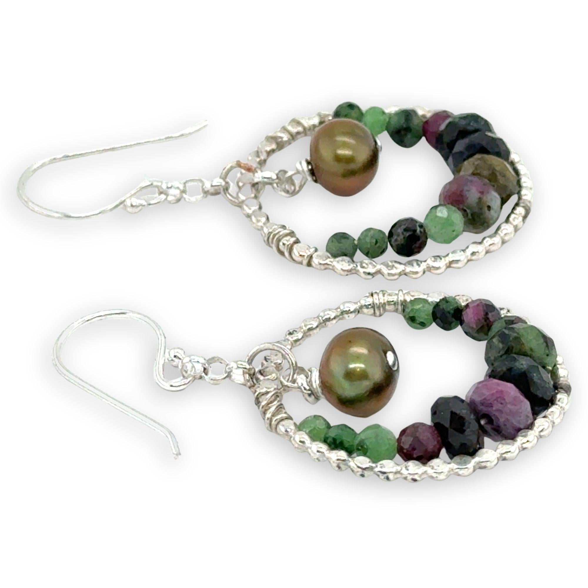 sterling silver dot wire rings lined with ruby zoisite gemstones with an olive fresh water pearl dangle mini earrings