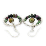 sterling silver dot wire rings lined with ruby zoisite gemstones with an olive fresh water pearl dangle mini earrings
