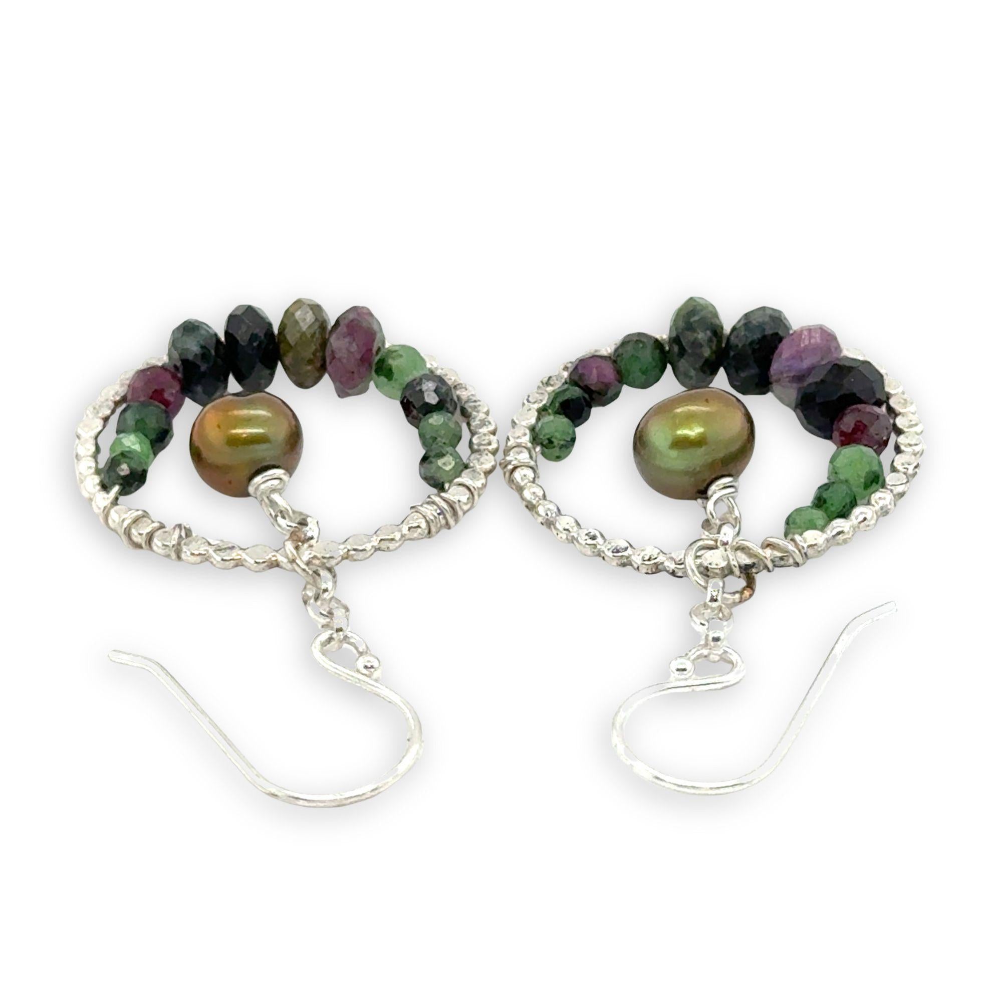 sterling silver dot wire rings lined with ruby zoisite gemstones with an olive fresh water pearl dangle mini earrings
