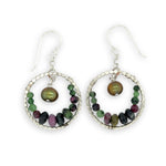 sterling silver dot wire rings lined with ruby zoisite gemstones with an olive fresh water pearl dangle mini earrings