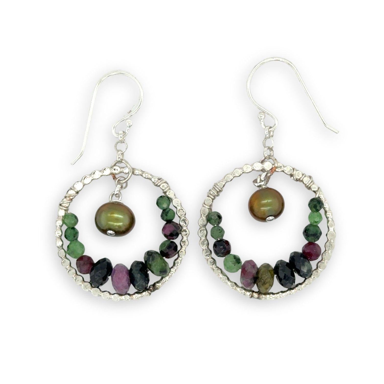 sterling silver dot wire rings lined with ruby zoisite gemstones with an olive fresh water pearl dangle mini earrings