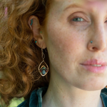 Amazonite, blue labradorite, crystal, pyrite, and cubic zirconia gemstones held within a mini bronze marquise earring with hammered brass twist wire accent