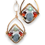 Amazonite, blue labradorite, crystal, pyrite, and cubic zirconia gemstones held within a mini bronze marquise earring with hammered brass twist wire accent
